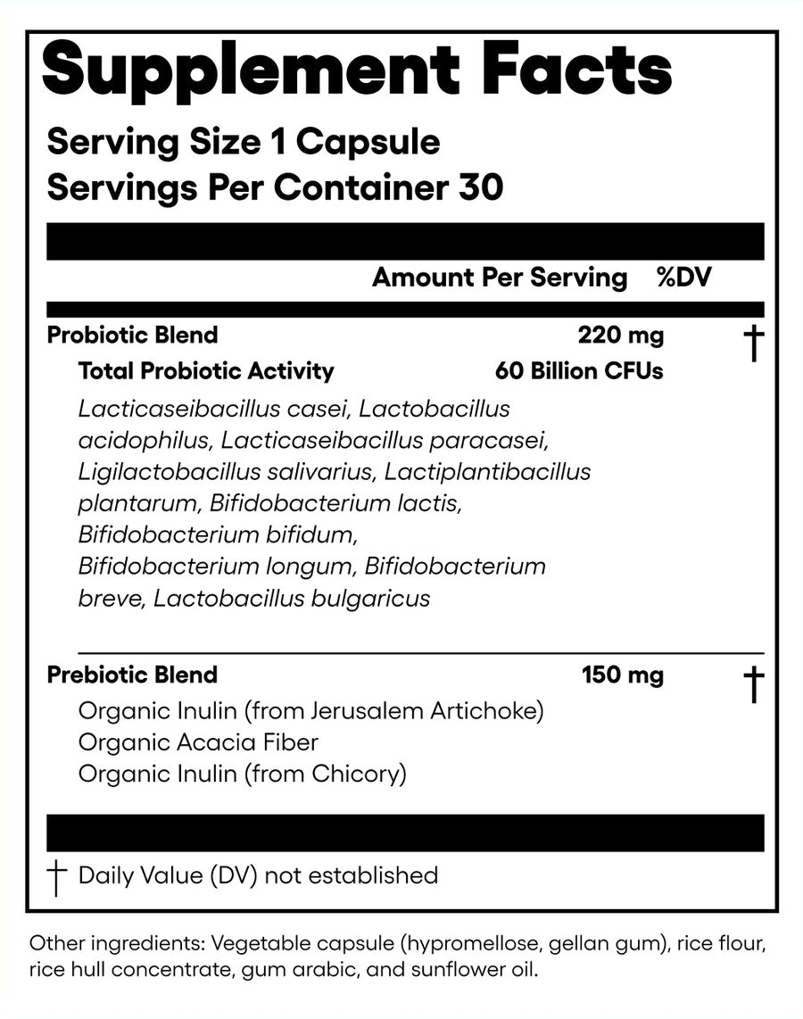 60 Billion Probiotic Supplement Facts panel: serving size 1 capsule, 30 servings, Probiotic Blend 220 mg with 60 billion CFUs, Prebiotic Blend 150 mg, other ingredients