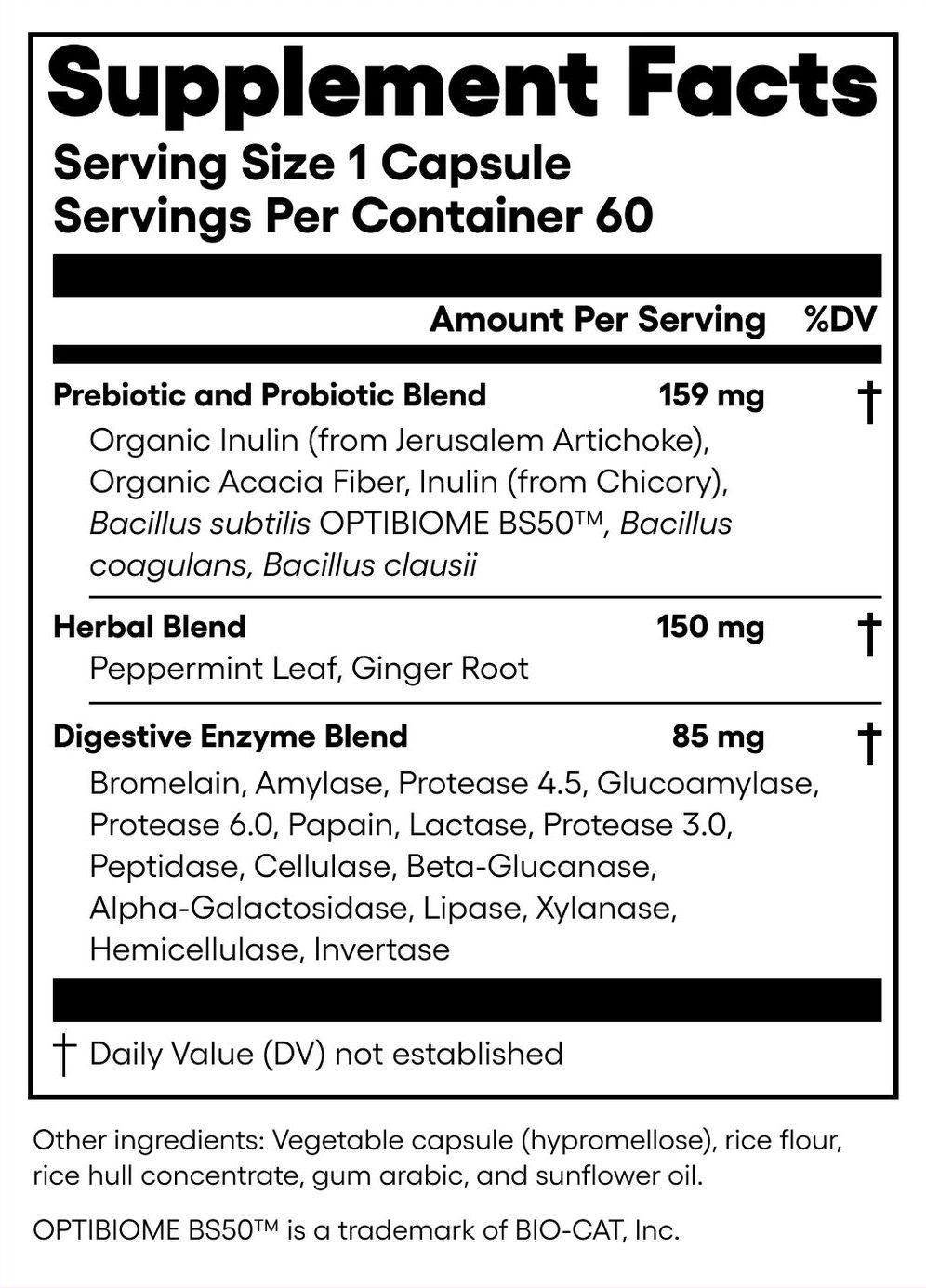 Digestive Enzymes Supplement Facts panel: serving size 1 capsule, 60 servings, Prebiotic and Probiotic Blend 159 mg, Digestive Enzyme Blend 85 mg with 16 enzymes